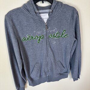 Aeropostale Gray Zip Up Hoodie Green Logo Pockets & Hood Juniors Large